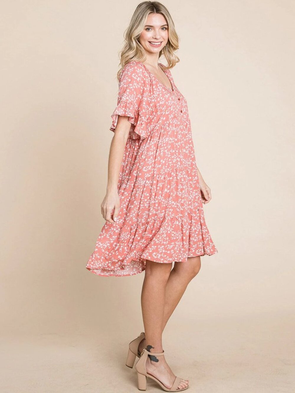 B126 Women's Short Sleeve Button Up Floral Tunic Mini Dress in Coral NEW